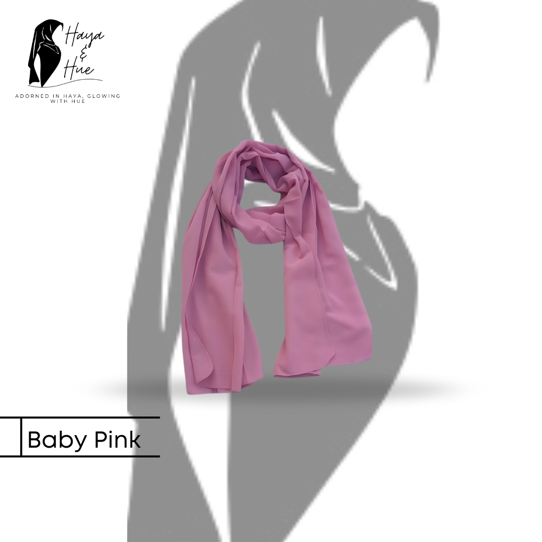 Add a soft and graceful touch to your modest collection with our Baby Pink Georgette Hijab. This delicate pink shade brings a charming and feminine feel to your style, making it a beautiful choice for creating elegant, minimal, and effortlessly polished looks. Product Details Material: Premium Georgette Color: Baby Pink Size: 70 × 29 inches Fabric Type: Georgette Style: Plain Hijab Suitable For: Casual, Work & Formal Wear Baby Pink Georgette Hijab