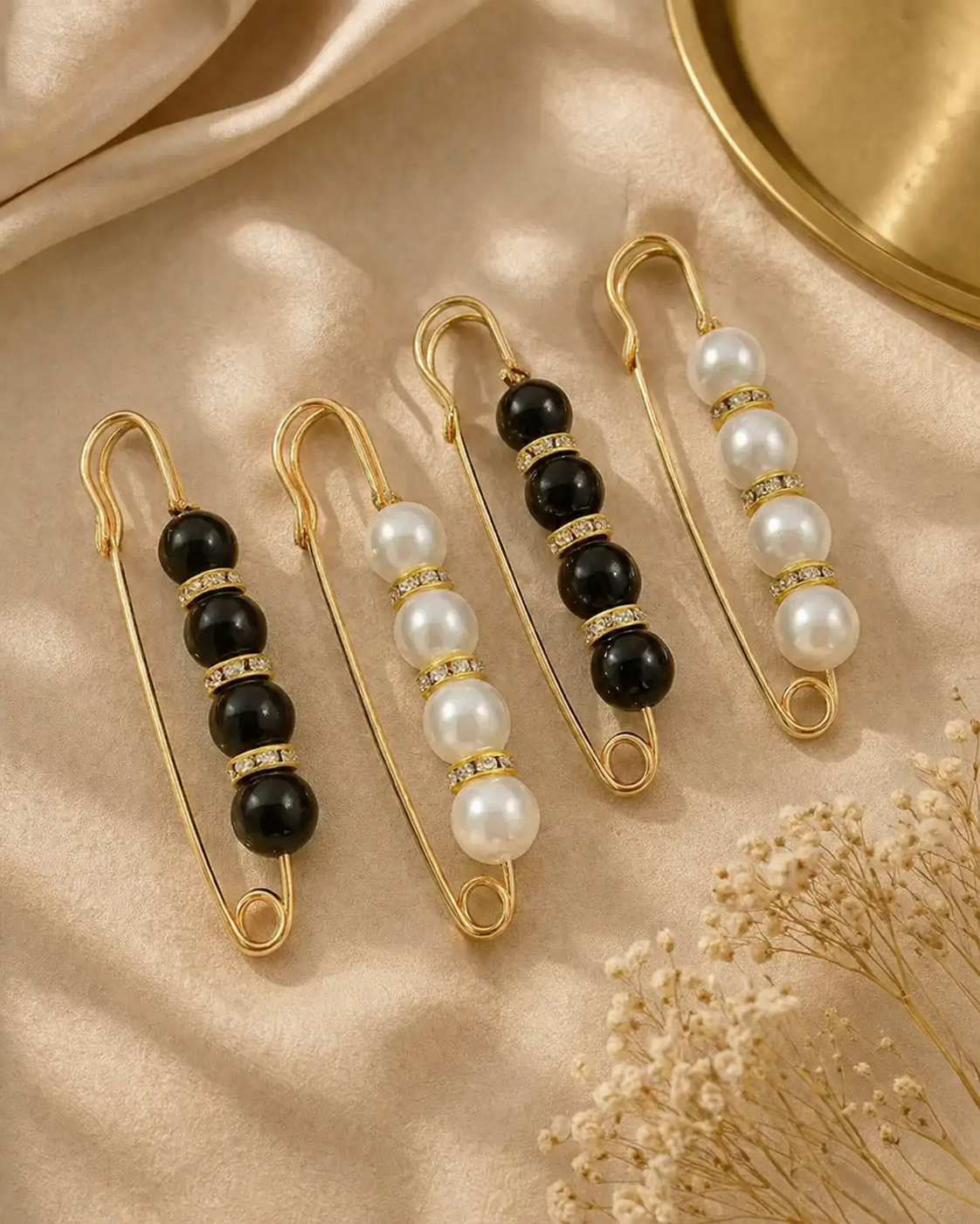 Black White Pearl Hijab Brooch Set pin 2