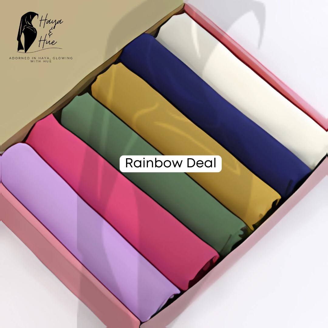 Rainbow Deal vibrant hijab bundle flat lay