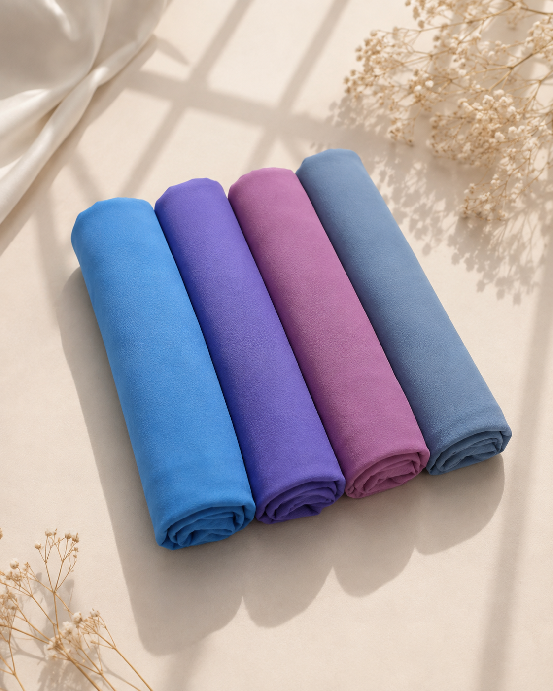 Soft Bliss Hijab Set - sky blue, light purple, dark pink and mint green georgette hijabs