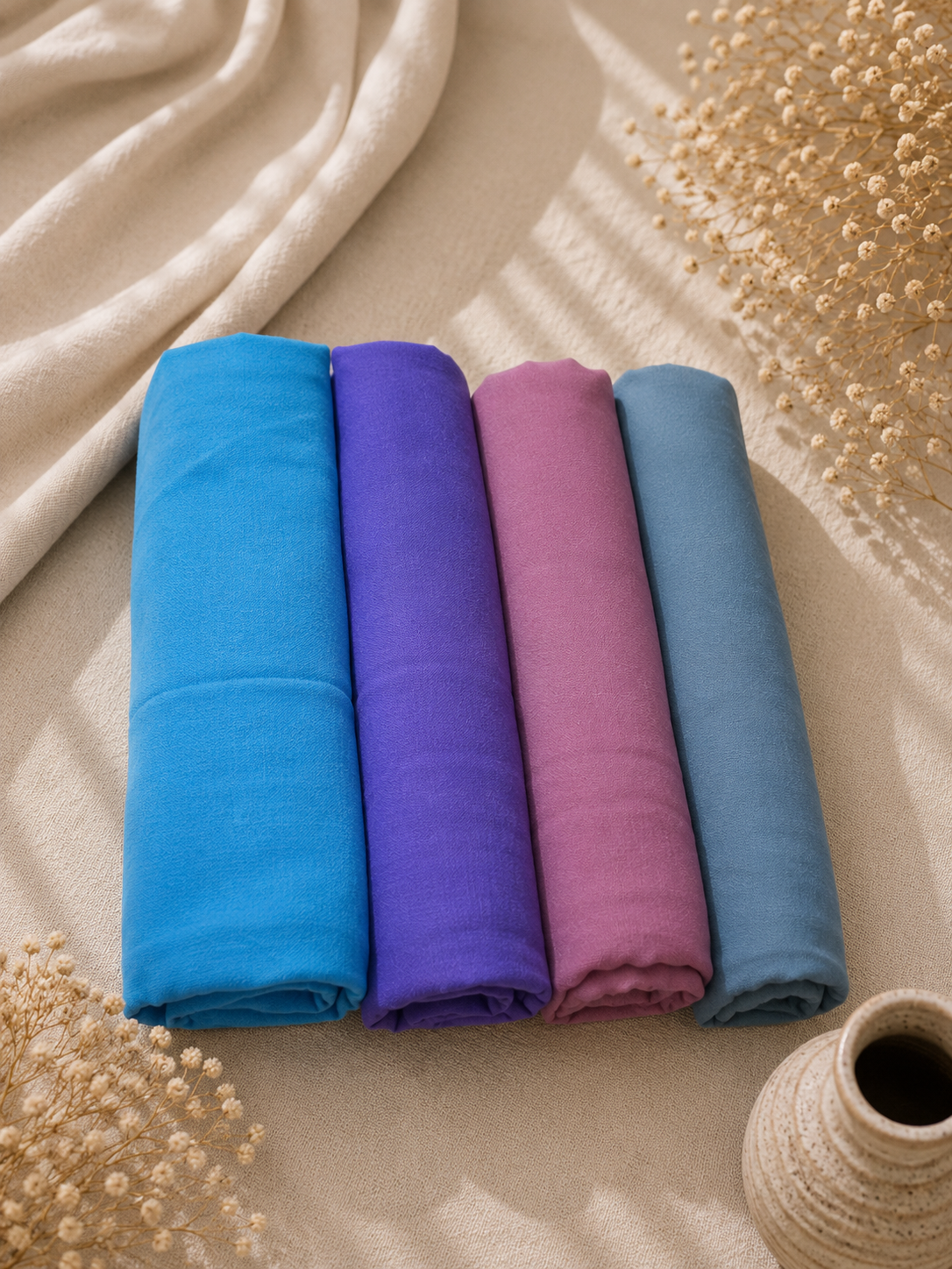 Soft Bliss Hijab Set - sky blue, light purple, dark pink and mint green georgette hijabs